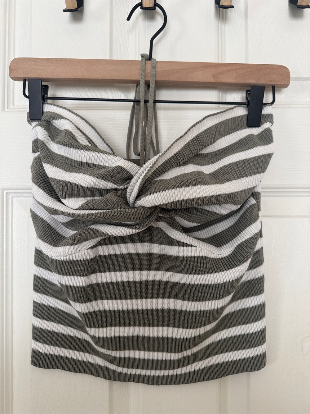 Striped Olive & White Knit Twist-Front Tube Top with neck tie